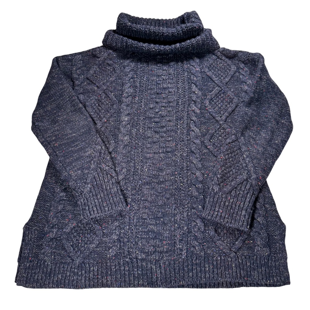 Lands End Navy Blue‎ Speckled Cable Knit Turtleneck Sweater Wool Women's 6-8 S/P